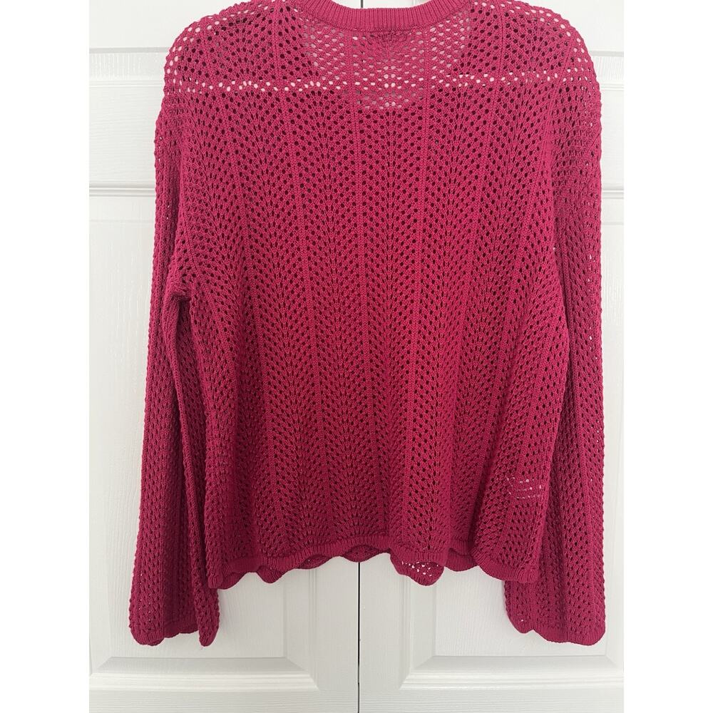 NWT LOFT Scalloped Pointelle Flare Sleeve Sweater In Bright Wine Size Medium - Picture 3 of 7